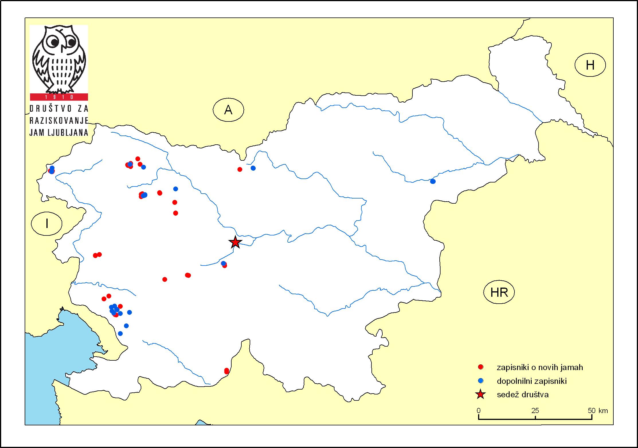 Map locations of new caves for which data records were entered in 2012 or known caves for which data records were updated in 2012.
