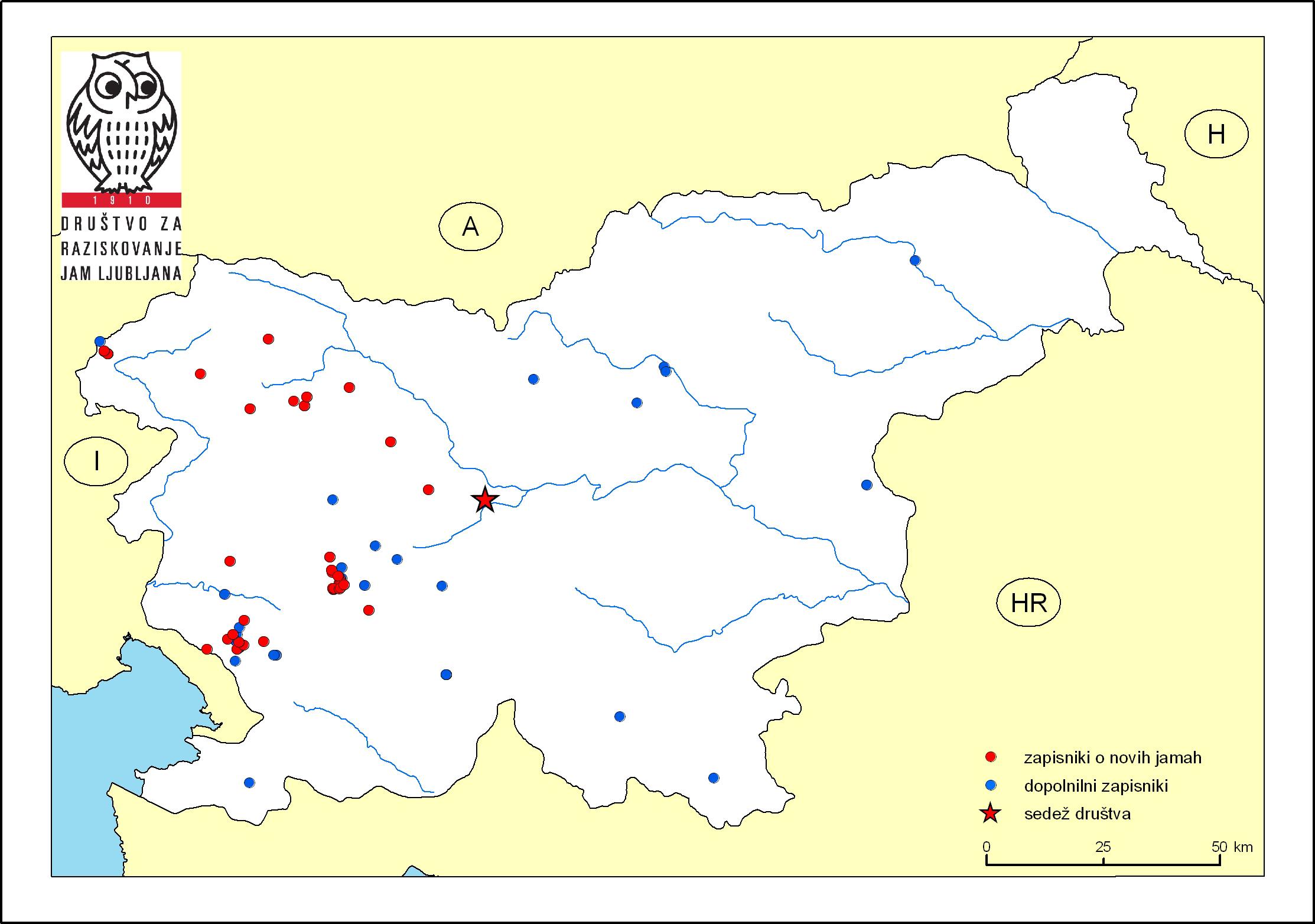 Map locations of new caves for which data records were entered in 2011 or known caves for which data records were updated in 2011.