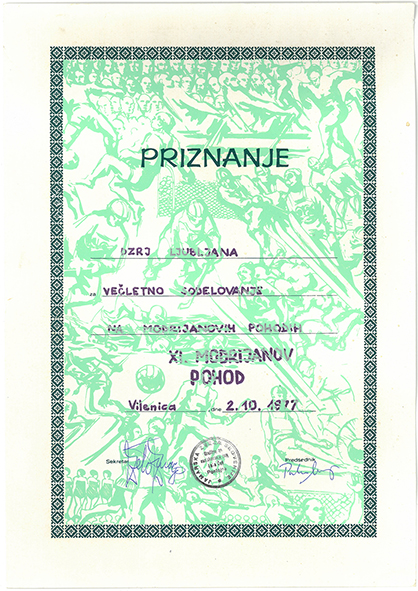 1977 - Priznanje DZRJ Postojna - za večletno sodelovanje na Modrijanovih pohodih