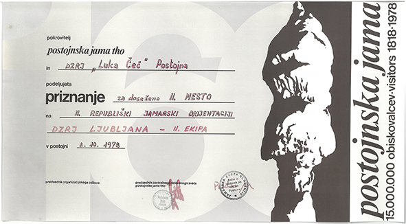 1978 - Priznanje Postojnske jame in DZRJ Postojna - za 2. mesto v jamarski orientaciji