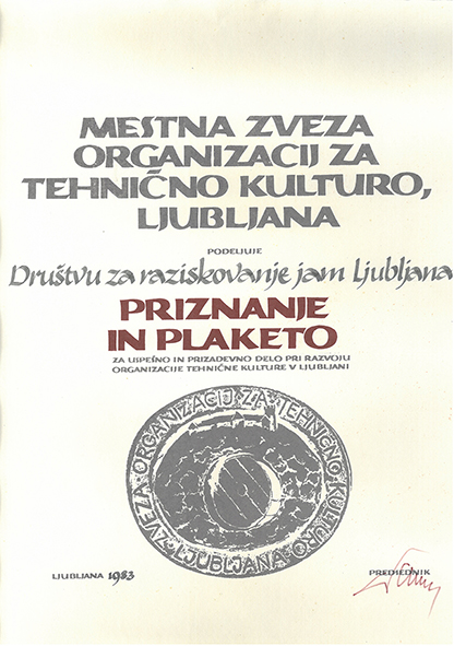 1983 - Priznanje in Plaketa MZOTK Ljubljana - za razvoj tehnične kulture v Ljubljani mala